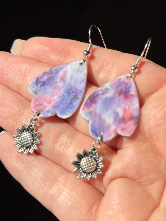 Purple watercolor scalloped sunflower dangle earrings