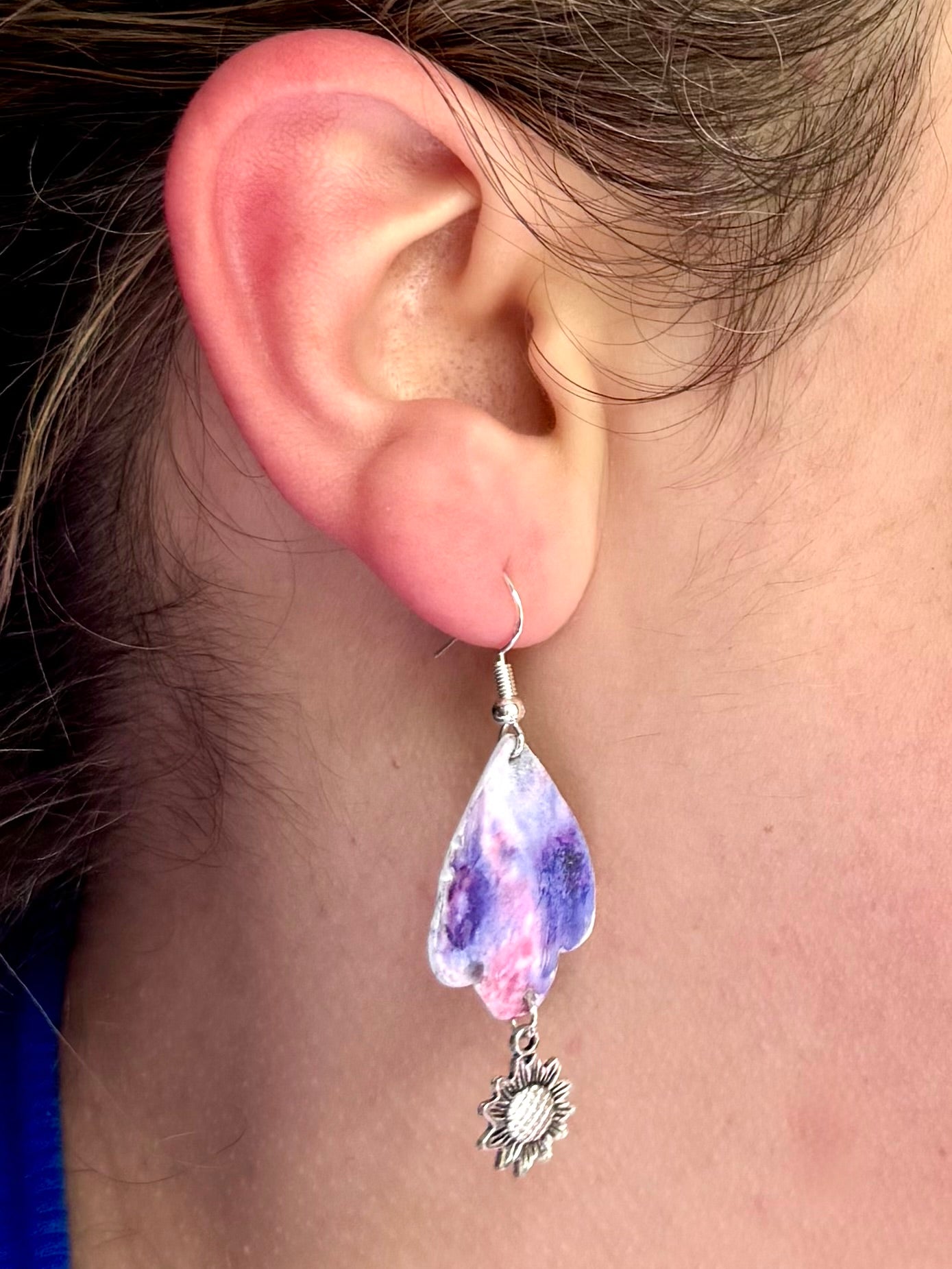 Purple watercolor scalloped sunflower dangle earrings