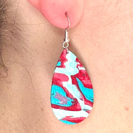 Red & teal tie dye teardrop earrings