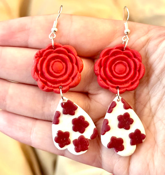 Red flower scalloped teardrop earrings