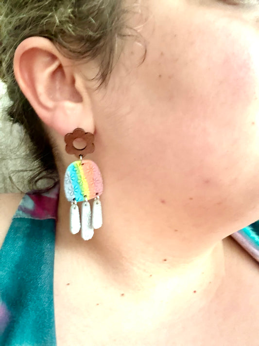 Rainbow flower textured wooden flower stud dangle earrings