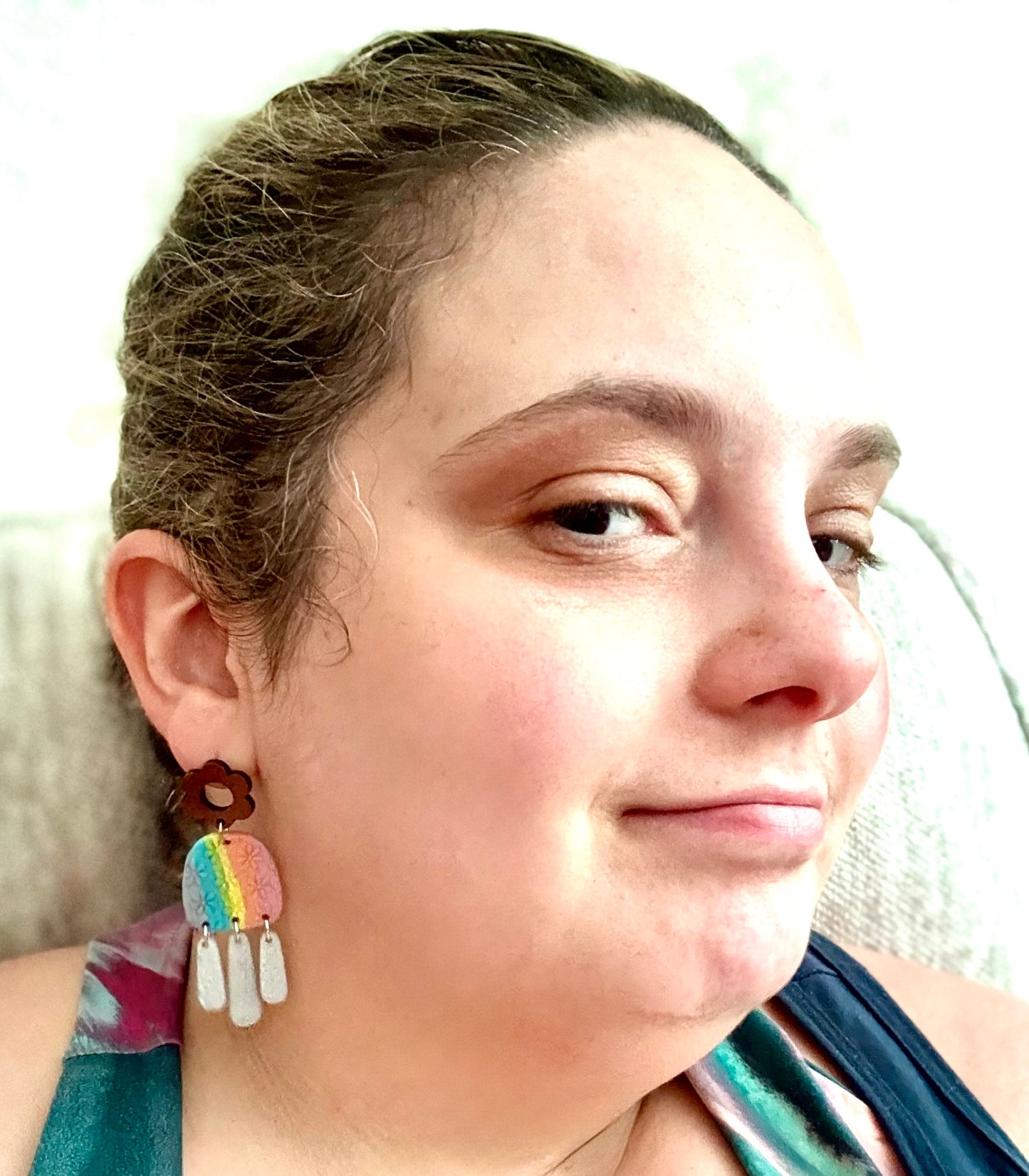 Rainbow flower textured wooden flower stud dangle earrings