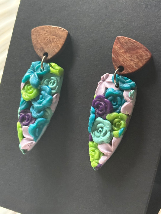 Multi color flower dagger wooden dangle stud earring