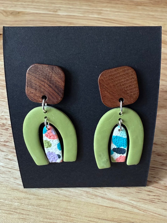 Colorful arch wooden stud earrings