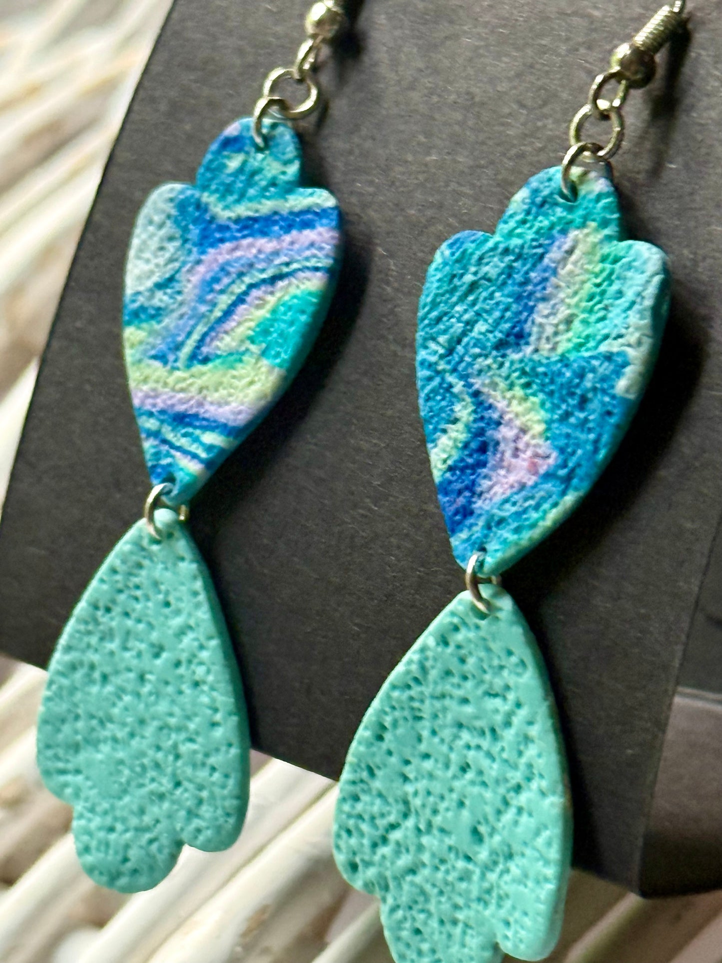Scallop teardrop mirrored blue green swirl dangle