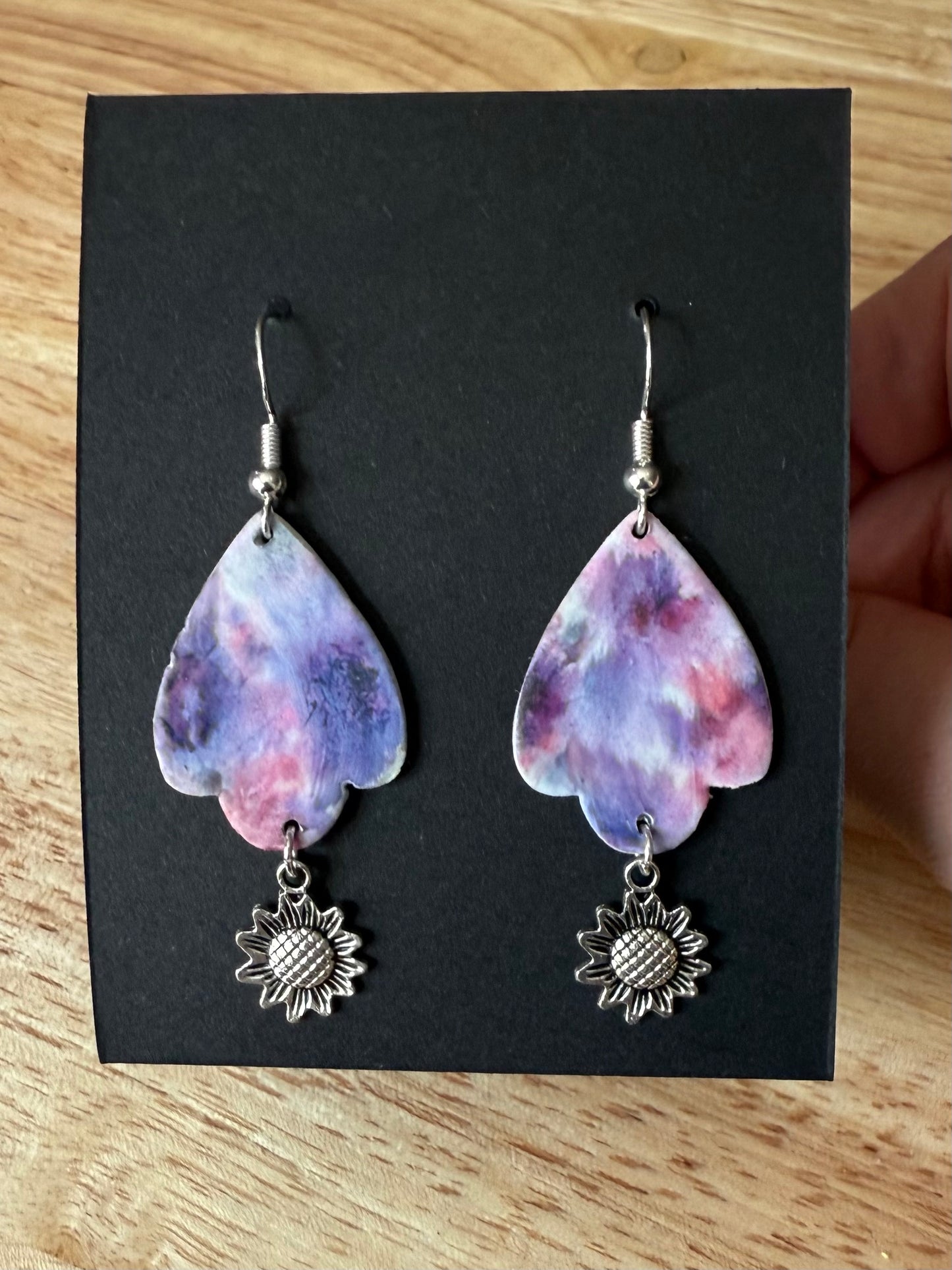 Purple watercolor scalloped sunflower dangle earrings