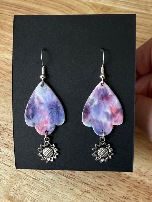 Purple watercolor scalloped sunflower dangle earrings