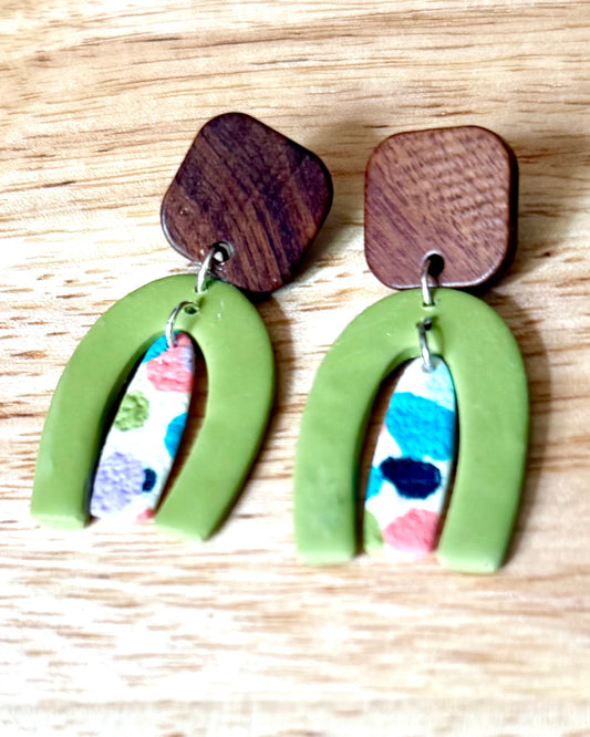 Colorful arch wooden stud earrings