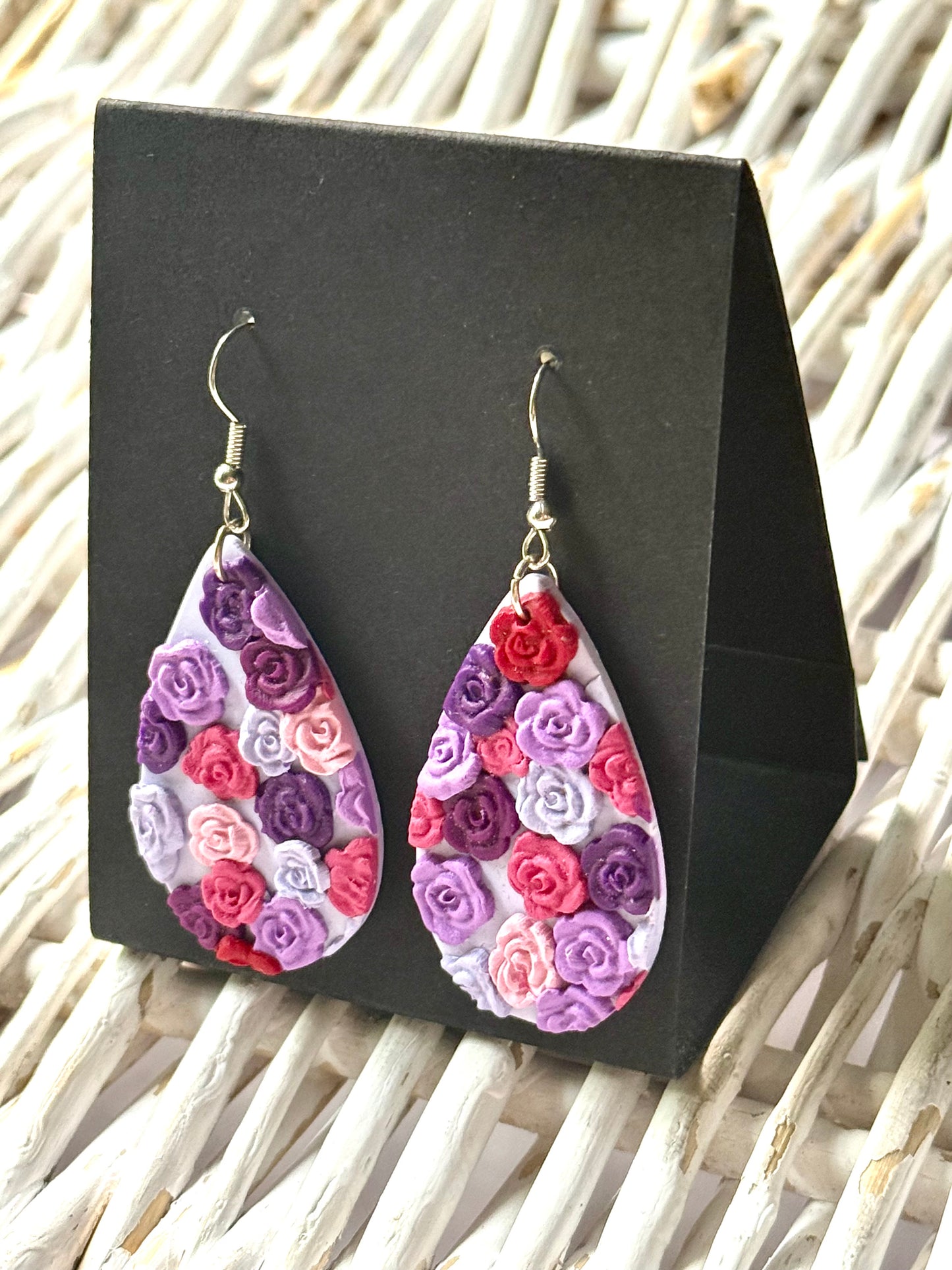 Purple flowers teardrop earrings