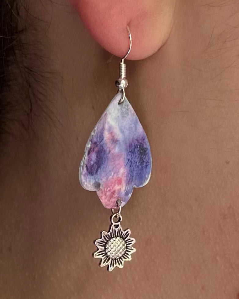 Purple watercolor scalloped sunflower dangle earrings