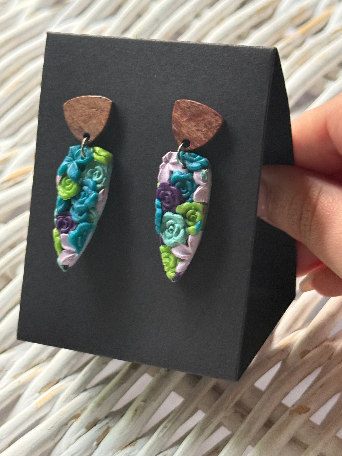 Multi color flower dagger wooden dangle stud earring