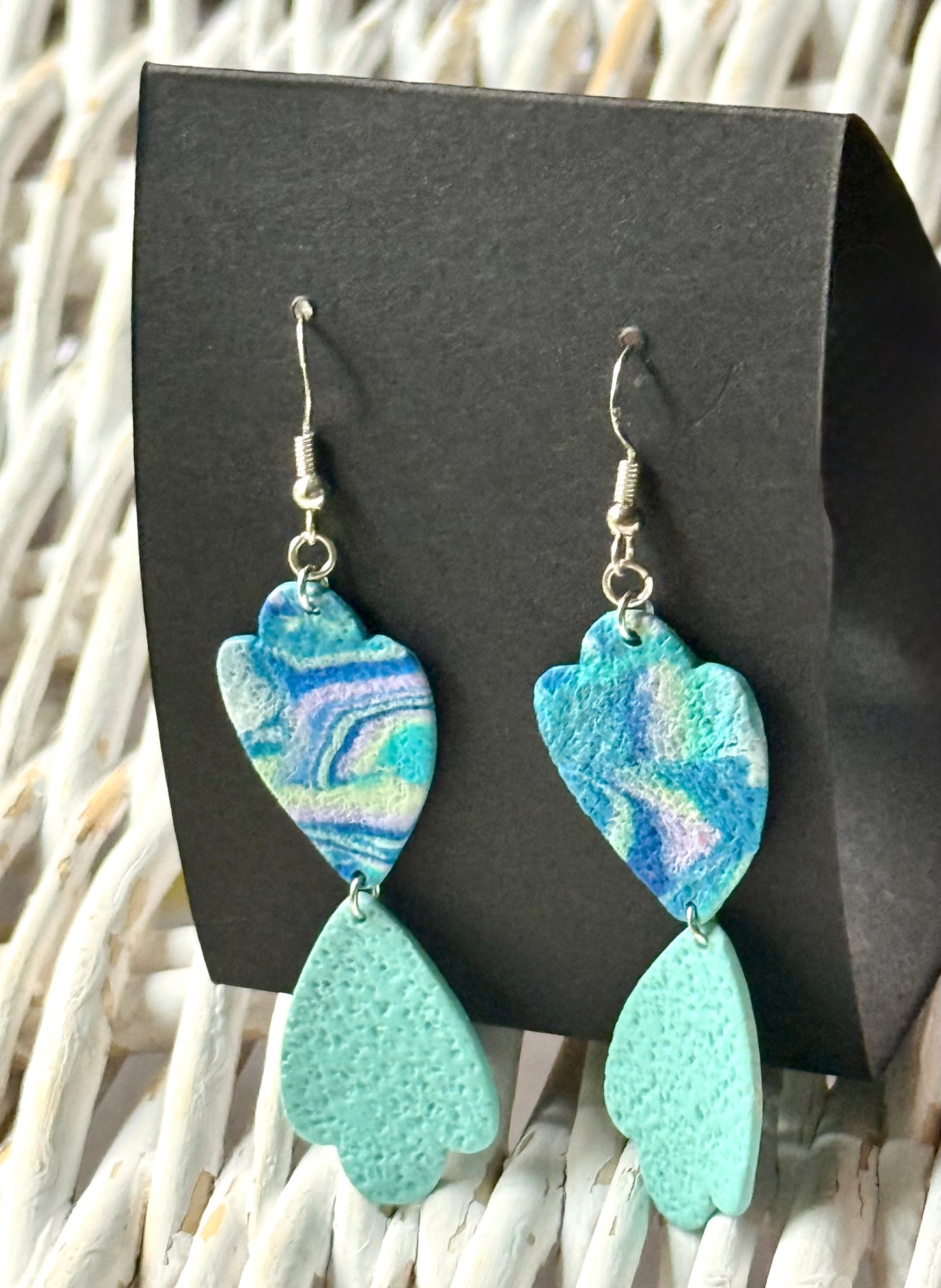 Scallop teardrop mirrored blue green swirl dangle