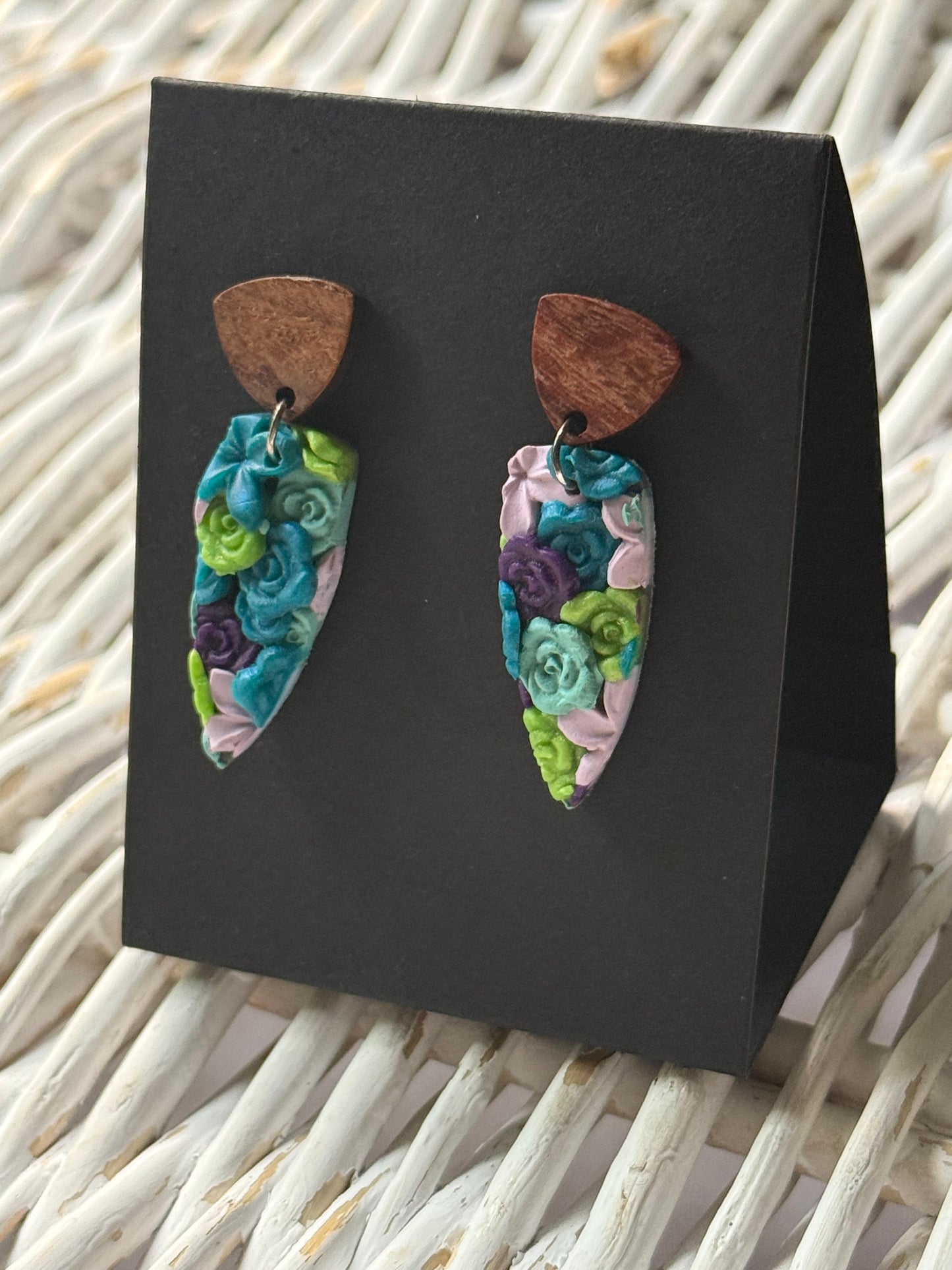 Multi color flower dagger wooden dangle stud earring