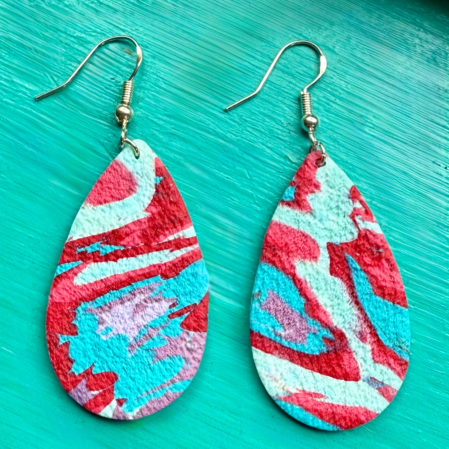 Red & teal tie dye teardrop earrings