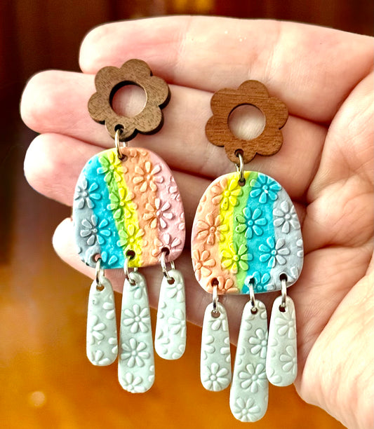 Rainbow flower textured wooden flower stud dangle earrings