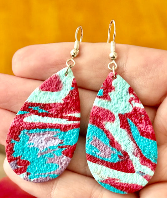Red & teal tie dye teardrop earrings