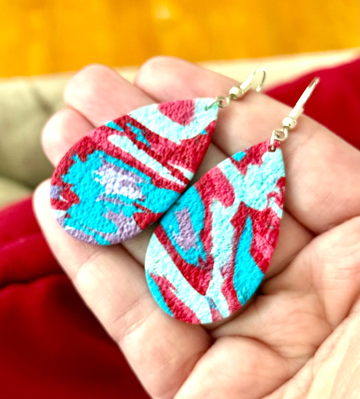 Red & teal tie dye teardrop earrings