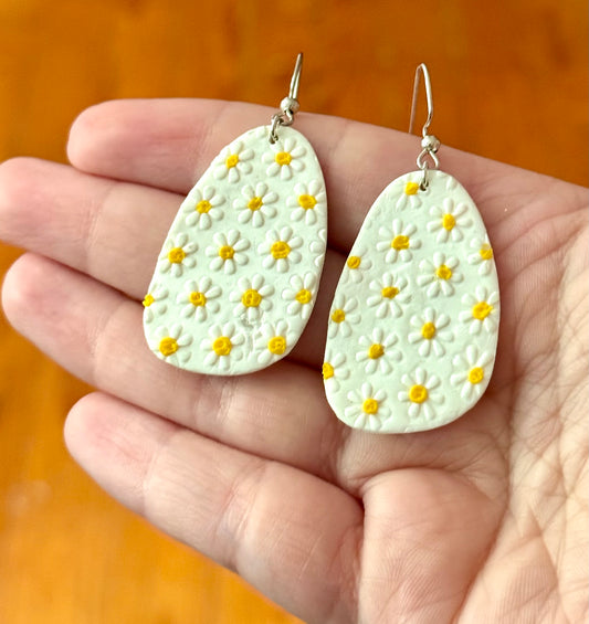 White oval daisy yellow polka dot dangle earrings