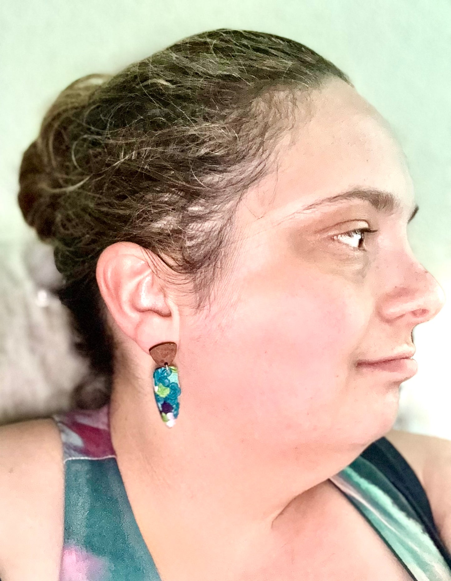 Multi color flower dagger wooden dangle stud earring