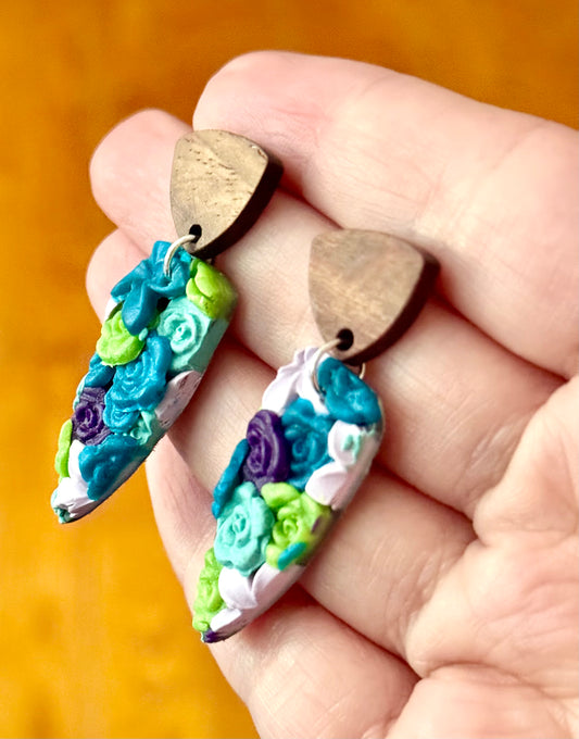 Multi color flower dagger wooden dangle stud earring