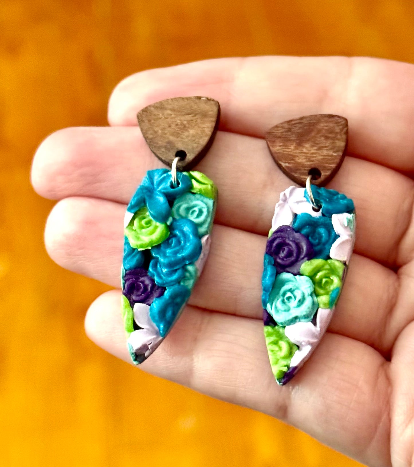 Multi color flower dagger wooden dangle stud earring